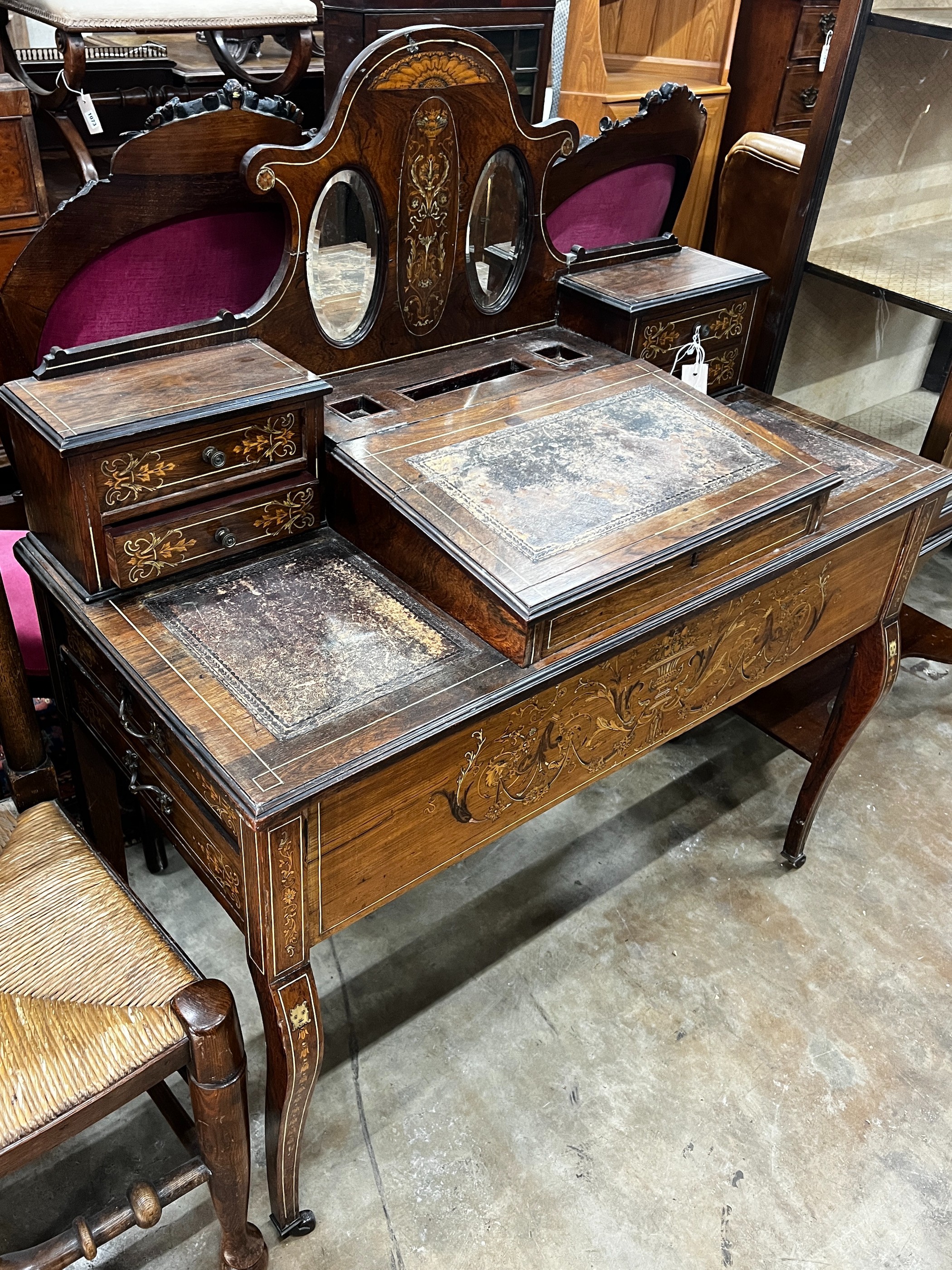 An Edwardian marquetry inlaid rosewood writing desk, width 98cm, depth 46cm, height 113cm